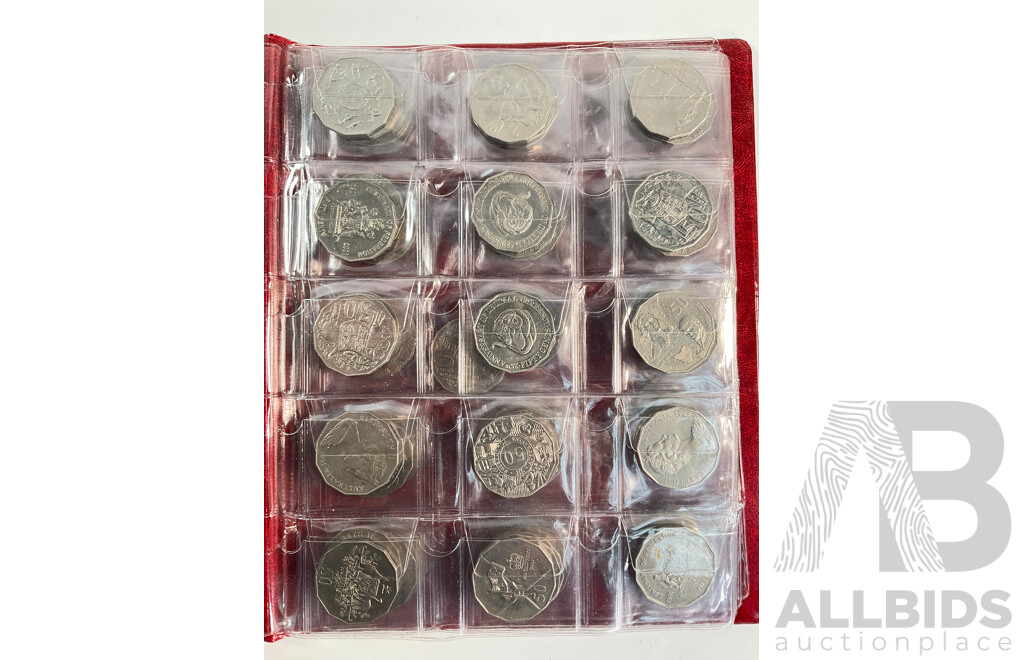 Album of Mostly Australian Collectable Coins Including Two 1966 Silver Round Fifty Cent Coins, Two 1947 Silver Florins, Fifty Cents Including 2017 UNC Year of the Rooster, 1979 Double Bar, Commemoratives Spanning 1977 to 2017