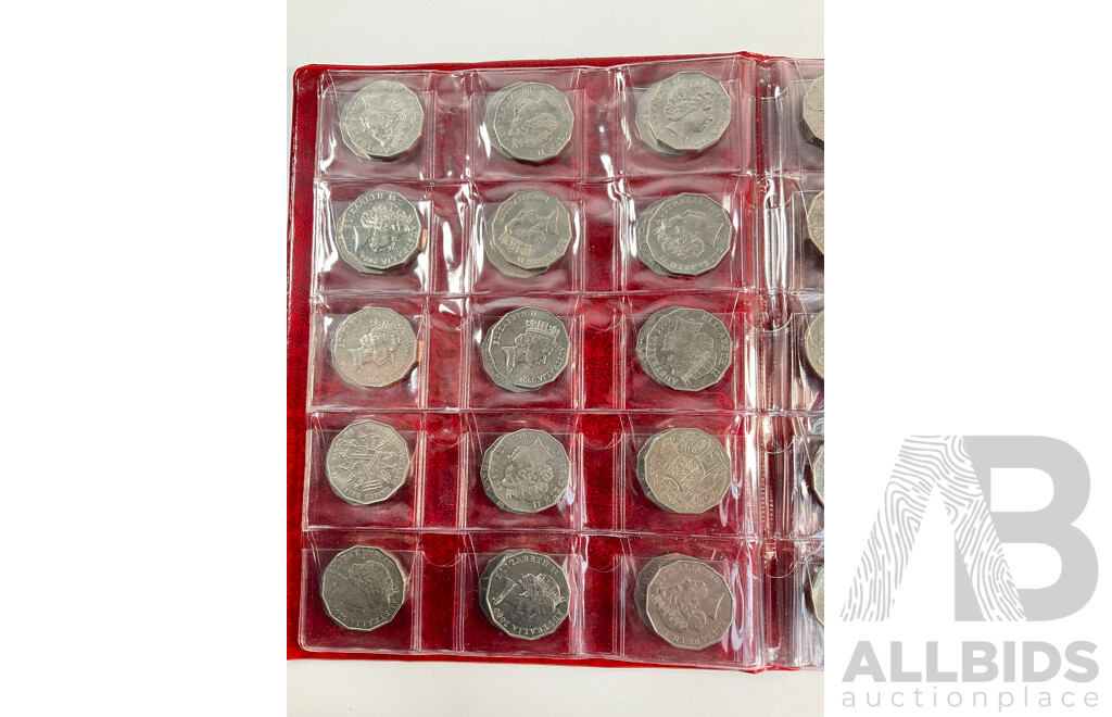 Album of Mostly Australian Collectable Coins Including Two 1966 Silver Round Fifty Cent Coins, Two 1947 Silver Florins, Fifty Cents Including 2017 UNC Year of the Rooster, 1979 Double Bar, Commemoratives Spanning 1977 to 2017