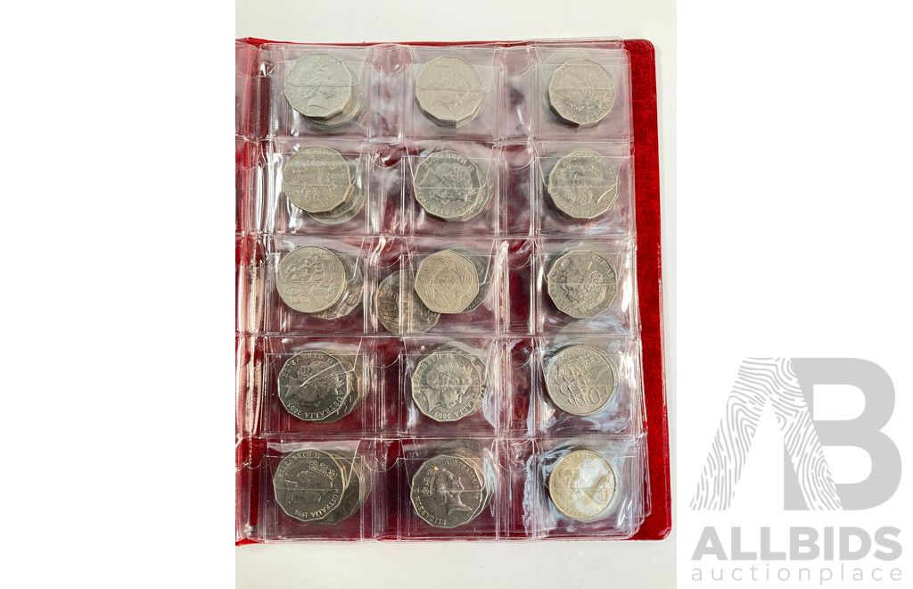 Album of Mostly Australian Collectable Coins Including Two 1966 Silver Round Fifty Cent Coins, Two 1947 Silver Florins, Fifty Cents Including 2017 UNC Year of the Rooster, 1979 Double Bar, Commemoratives Spanning 1977 to 2017
