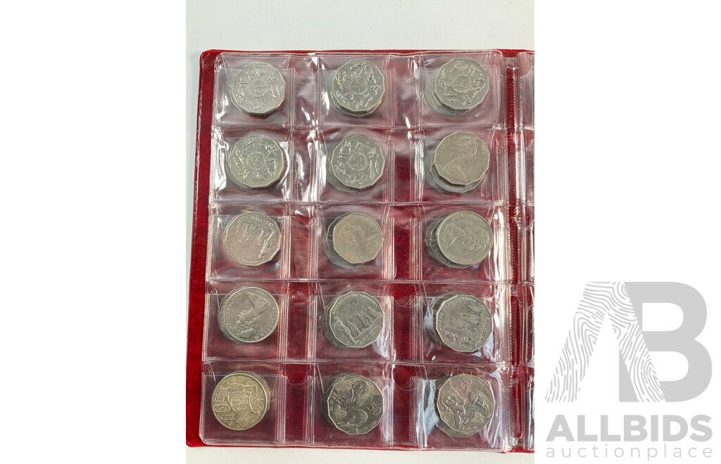 Album of Mostly Australian Collectable Coins Including Two 1966 Silver Round Fifty Cent Coins, Two 1947 Silver Florins, Fifty Cents Including 2017 UNC Year of the Rooster, 1979 Double Bar, Commemoratives Spanning 1977 to 2017