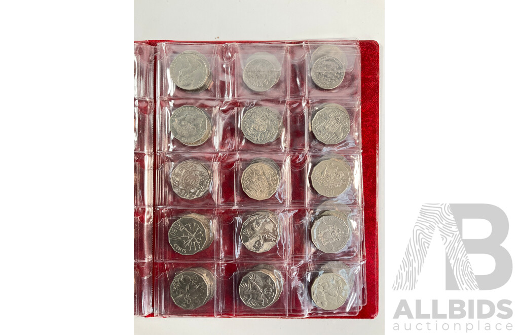 Album of Mostly Australian Collectable Coins Including Two 1966 Silver Round Fifty Cent Coins, Two 1947 Silver Florins, Fifty Cents Including 2017 UNC Year of the Rooster, 1979 Double Bar, Commemoratives Spanning 1977 to 2017