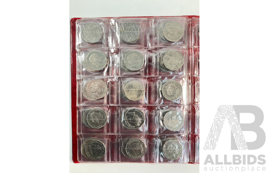 Album of Mostly Australian Collectable Coins Including Two 1966 Silver Round Fifty Cent Coins, Two 1947 Silver Florins, Fifty Cents Including 2017 UNC Year of the Rooster, 1979 Double Bar, Commemoratives Spanning 1977 to 2017