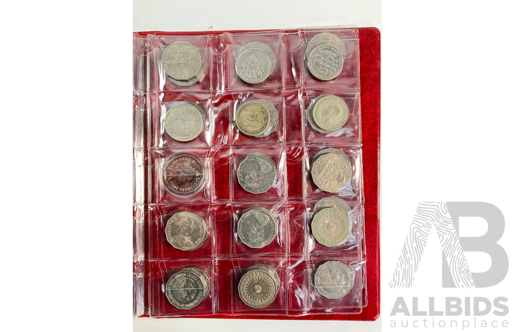 Album of Mostly Australian Collectable Coins Including Two 1966 Silver Round Fifty Cent Coins, Two 1947 Silver Florins, Fifty Cents Including 2017 UNC Year of the Rooster, 1979 Double Bar, Commemoratives Spanning 1977 to 2017
