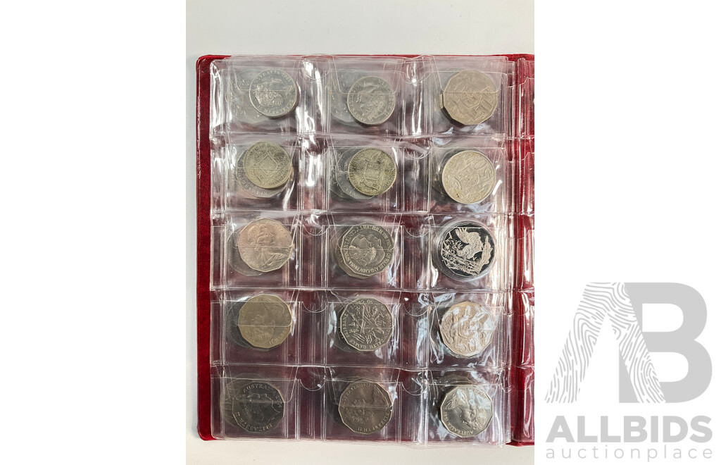 Album of Mostly Australian Collectable Coins Including Two 1966 Silver Round Fifty Cent Coins, Two 1947 Silver Florins, Fifty Cents Including 2017 UNC Year of the Rooster, 1979 Double Bar, Commemoratives Spanning 1977 to 2017