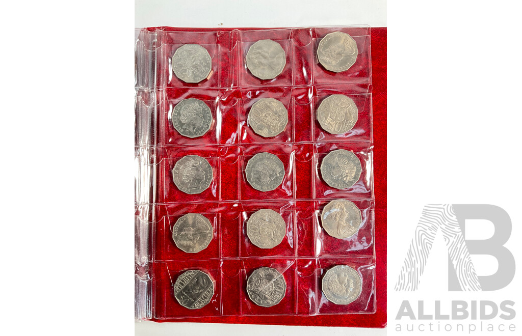 Album of Mostly Australian Collectable Coins Including Two 1966 Silver Round Fifty Cent Coins, Two 1947 Silver Florins, Fifty Cents Including 2017 UNC Year of the Rooster, 1979 Double Bar, Commemoratives Spanning 1977 to 2017
