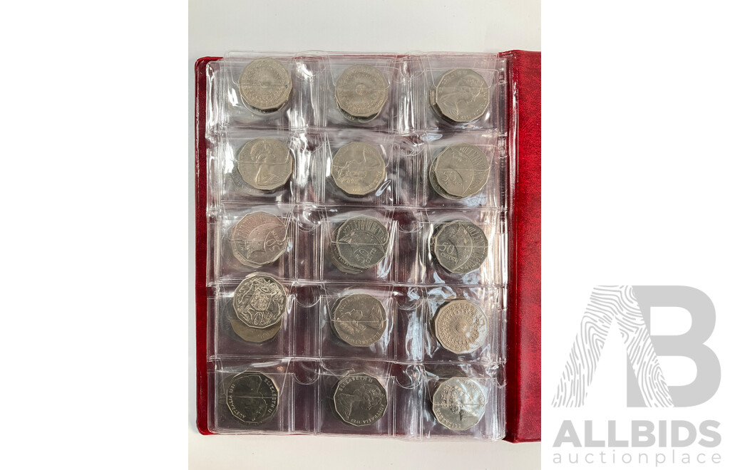 Album of Mostly Australian Collectable Coins Including Two 1966 Silver Round Fifty Cent Coins, Two 1947 Silver Florins, Fifty Cents Including 2017 UNC Year of the Rooster, 1979 Double Bar, Commemoratives Spanning 1977 to 2017