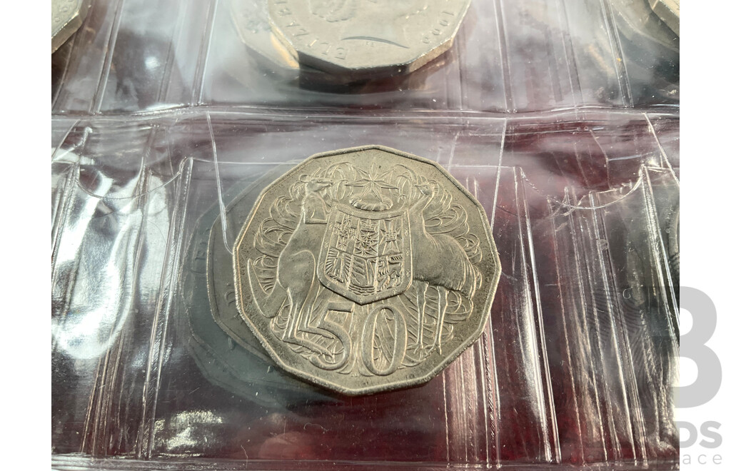 Album of Mostly Australian Collectable Coins Including Two 1966 Silver Round Fifty Cent Coins, Two 1947 Silver Florins, Fifty Cents Including 2017 UNC Year of the Rooster, 1979 Double Bar, Commemoratives Spanning 1977 to 2017