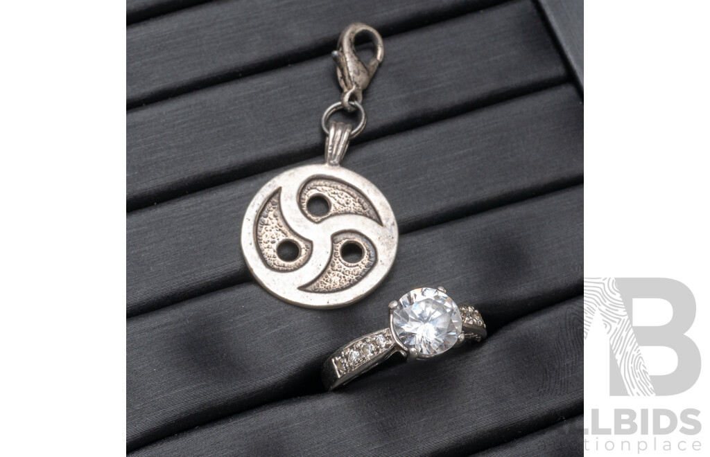 925 Sterling Silver Ring and Pendant with Silver Tone Necklace - 7.87gms