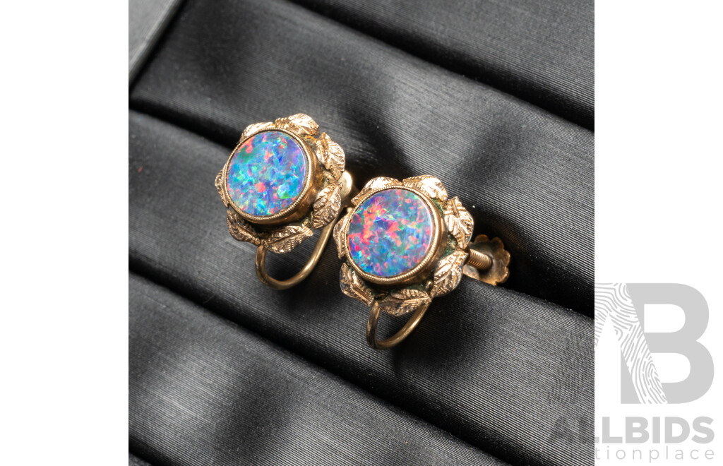 Pair of Vintage 10ct Yellow Gold & Opal Screw in Earrings - 2.38gms