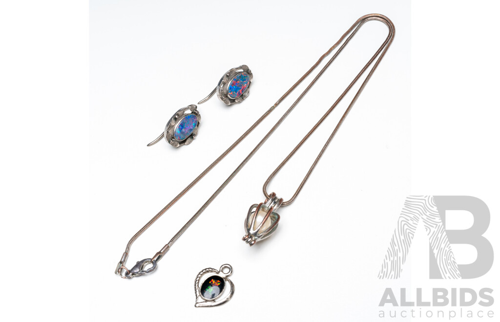 Silver Tone Opal Earrings, Pendant and Necklace