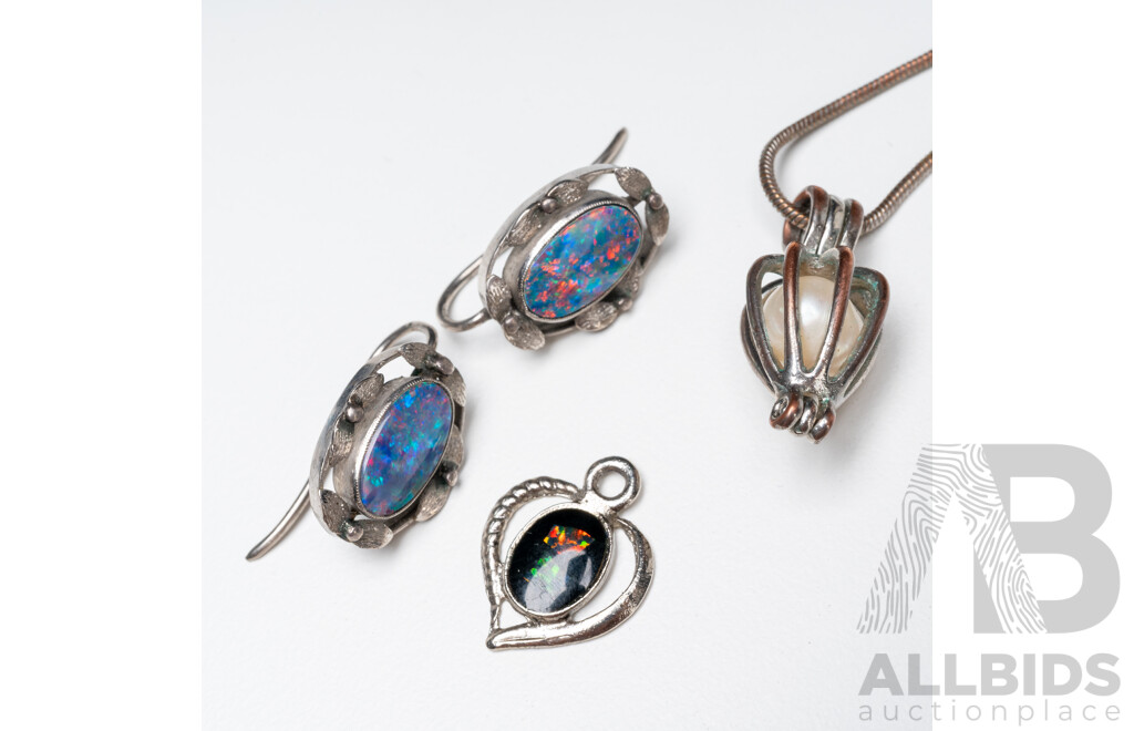 Silver Tone Opal Earrings, Pendant and Necklace