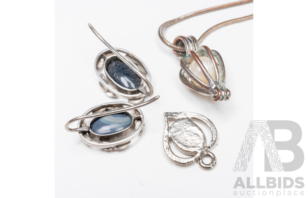 Silver Tone Opal Earrings, Pendant and Necklace