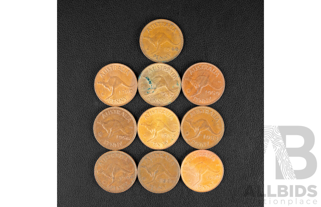 Australian 1946 Penny with 1960, 1957, 1959, 1953, 1943, 1960, 1956, 1959, 1950 Pennies