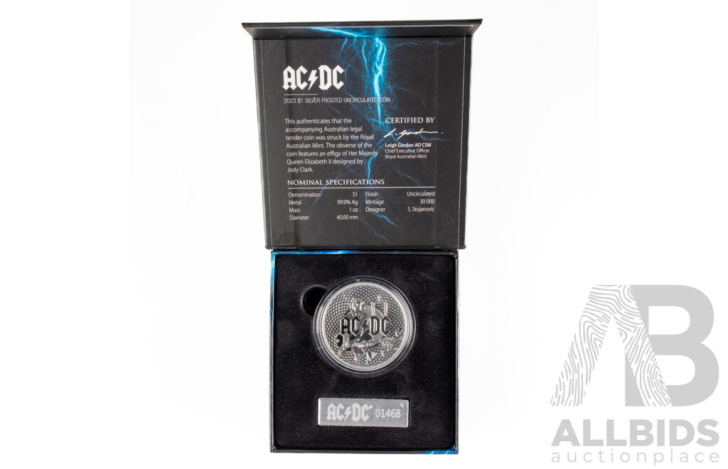Australian RAM 2023 Silver Frosted One Dollar Frosted Coin, AC/DC .999