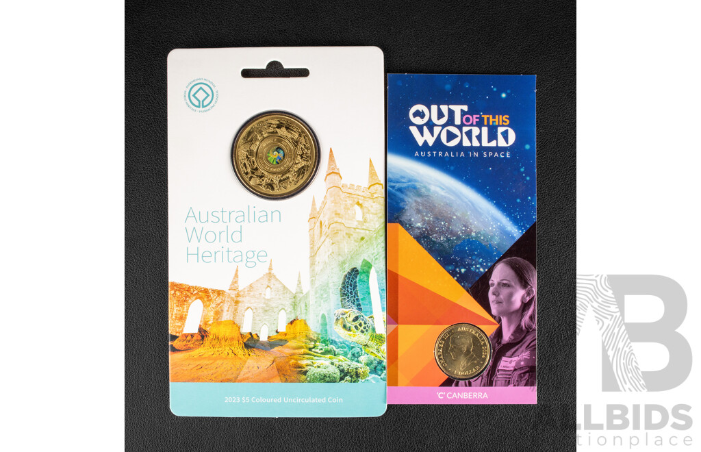 Australian RAM 2023 UNC Coloured Five Dollar Coin, Australian World Heritage and 2024 One Dollar Coin, Australian Astronauts