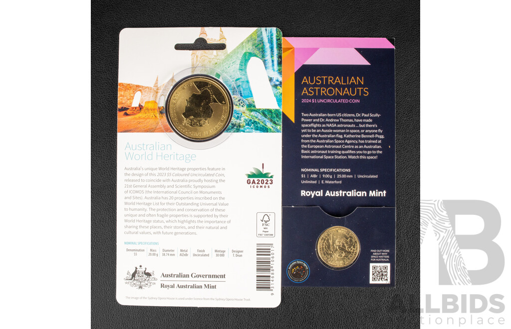 Australian RAM 2023 UNC Coloured Five Dollar Coin, Australian World Heritage and 2024 One Dollar Coin, Australian Astronauts