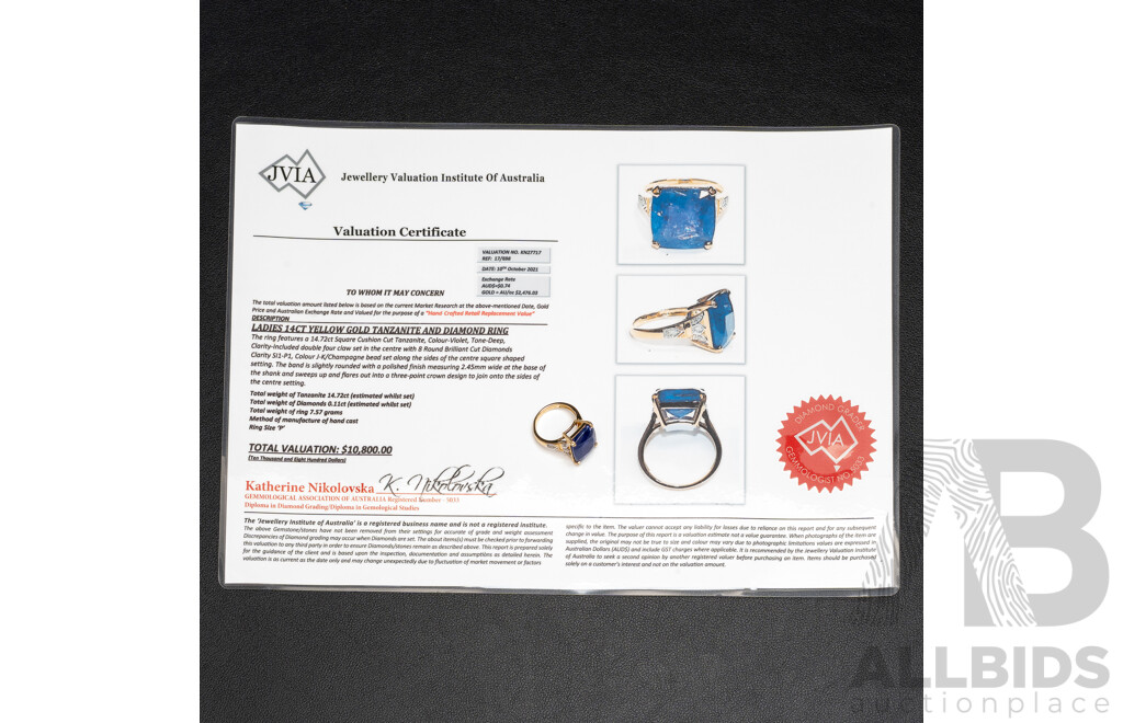 14ct Yellow Gold Tanzanite & Diamonds Ring with Valuation - Size P