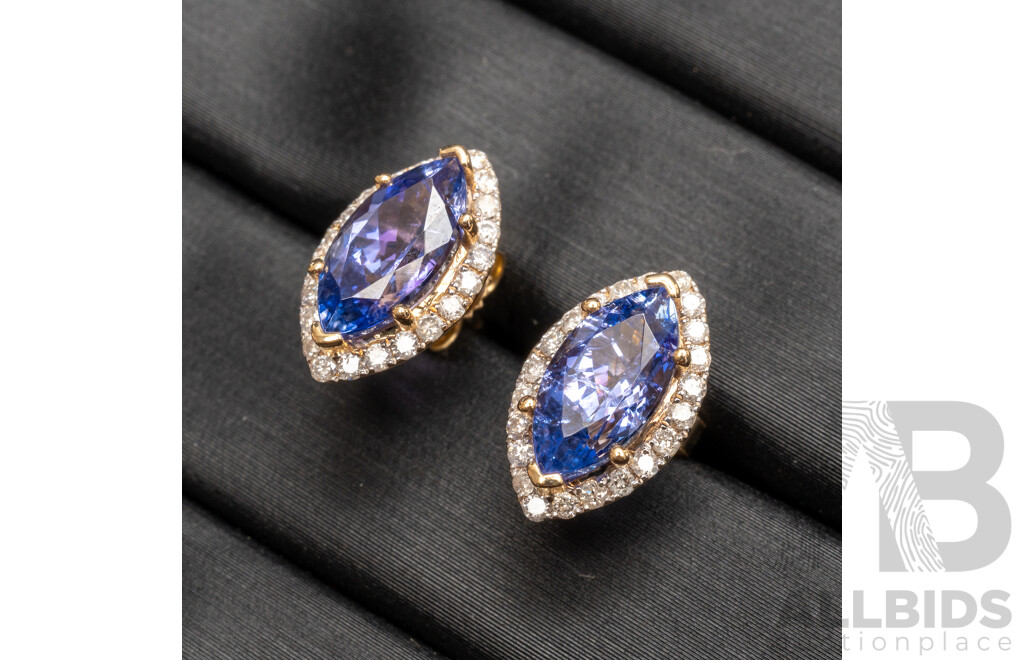 14ct Yellow Gold Tanzanite & Diamonds Earrings Pair with Valuation - 2.37gms