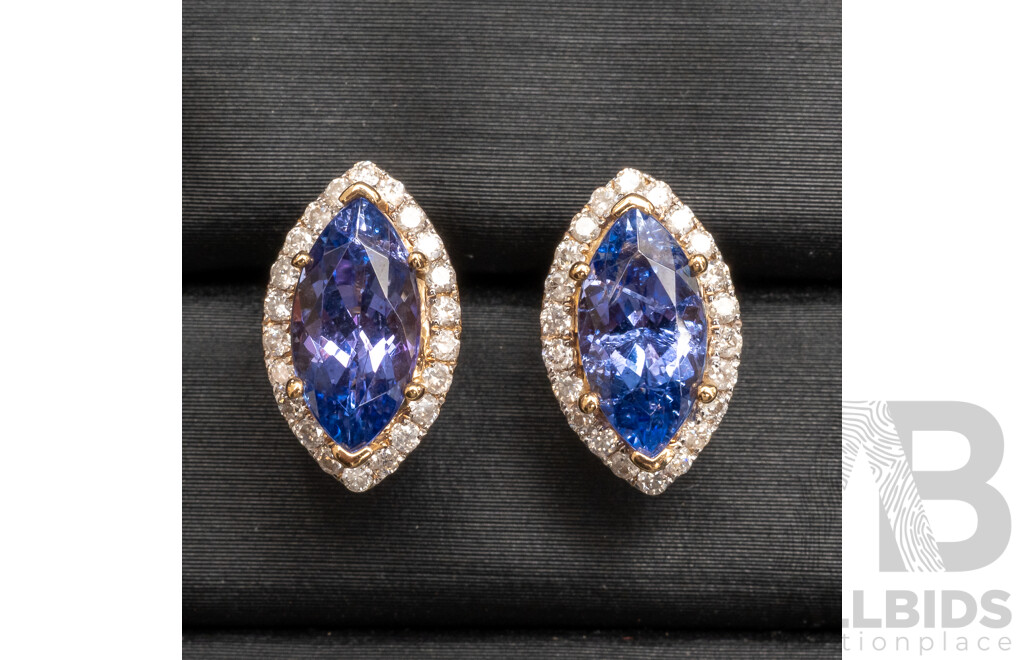 14ct Yellow Gold Tanzanite & Diamonds Earrings Pair with Valuation - 2.37gms