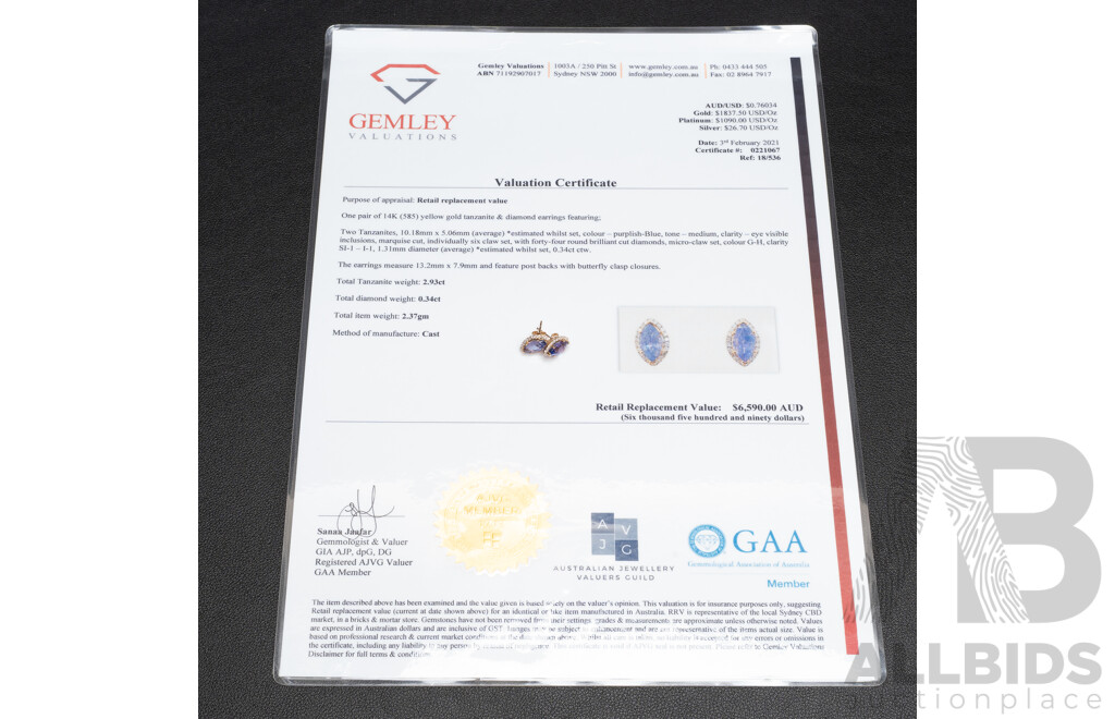 14ct Yellow Gold Tanzanite & Diamonds Earrings Pair with Valuation - 2.37gms
