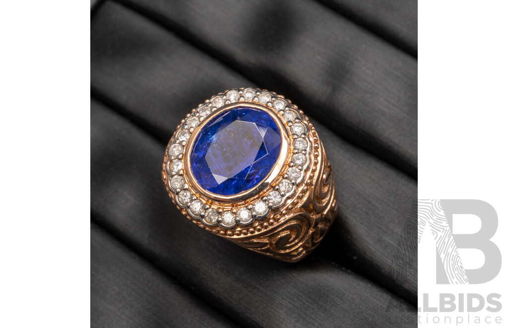 14ct Rose Gold Tanzanite & Diamond Signet Ring with Valuation - Size Q