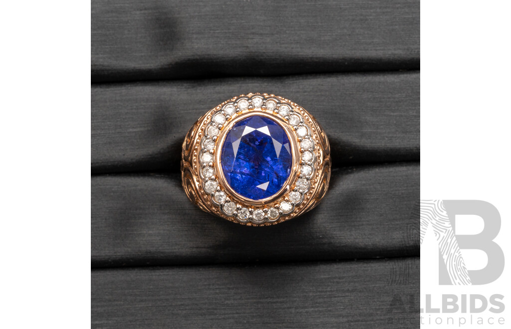 14ct Rose Gold Tanzanite & Diamond Signet Ring with Valuation - Size Q