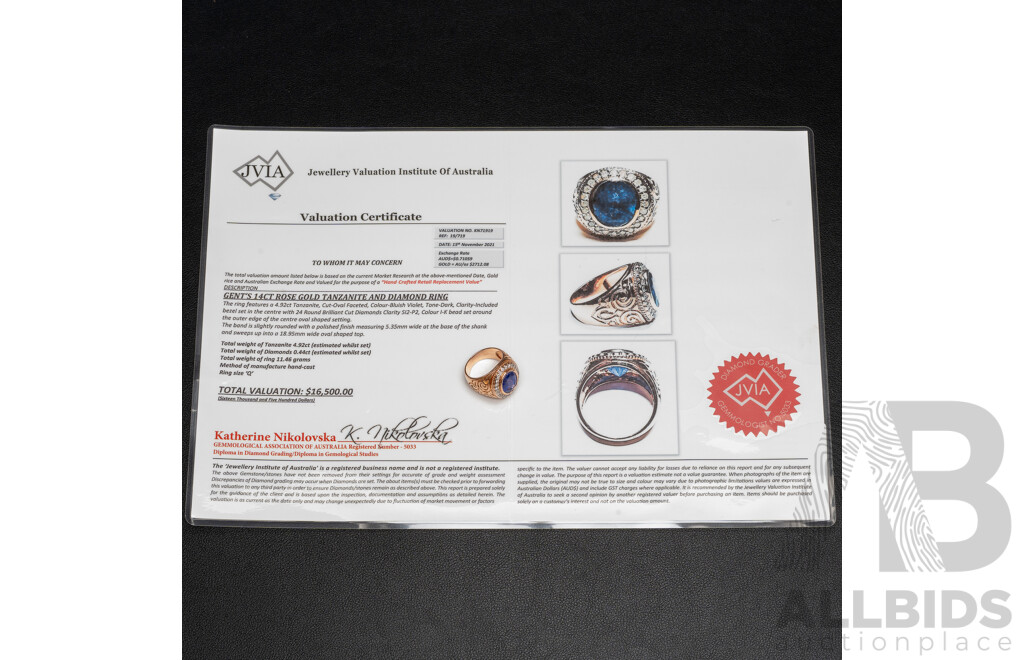 14ct Rose Gold Tanzanite & Diamond Signet Ring with Valuation - Size Q