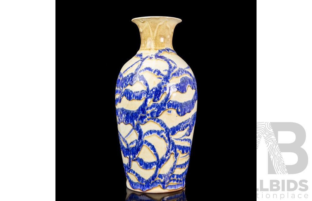 Beautiful Handmade Cream Ceramic Vase Decorated with Textured Web of Blue Glaze, Iranian Studio Pottery, 37H cm