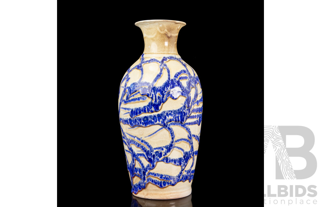 Beautiful Handmade Cream Ceramic Vase Decorated with Textured Web of Blue Glaze, Iranian Studio Pottery, 37H cm