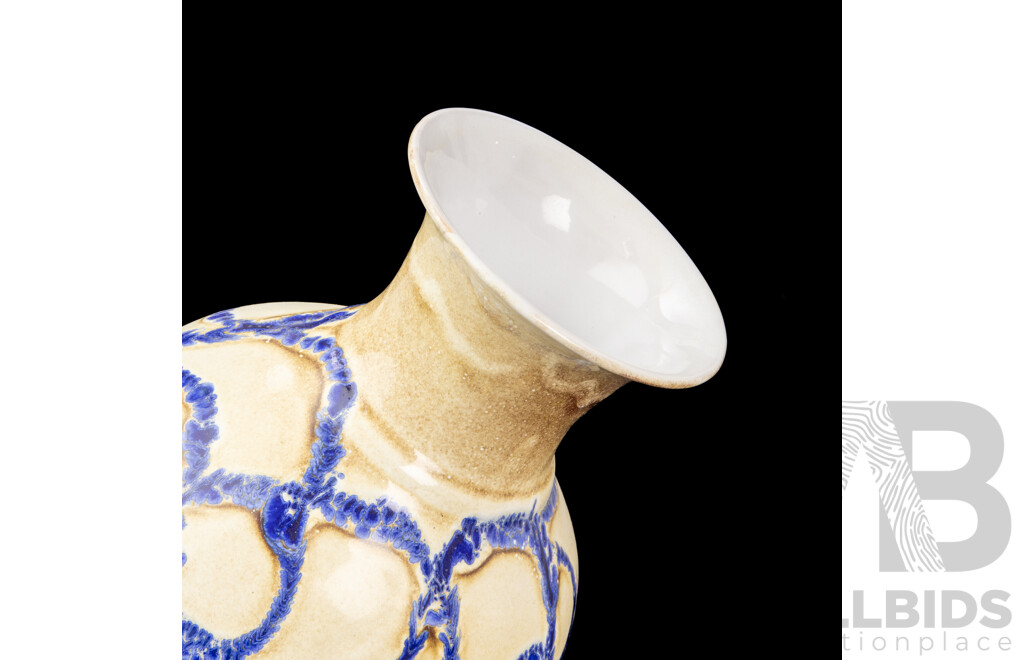 Beautiful Handmade Cream Ceramic Vase Decorated with Textured Web of Blue Glaze, Iranian Studio Pottery, 37H cm