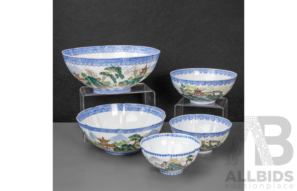 Wonderful Boxed Set of Five Vintage Hand-Decorated Eggshell Porcelain Bowls (c1970s), 27L x 27W x 13D cm (box dimensions)