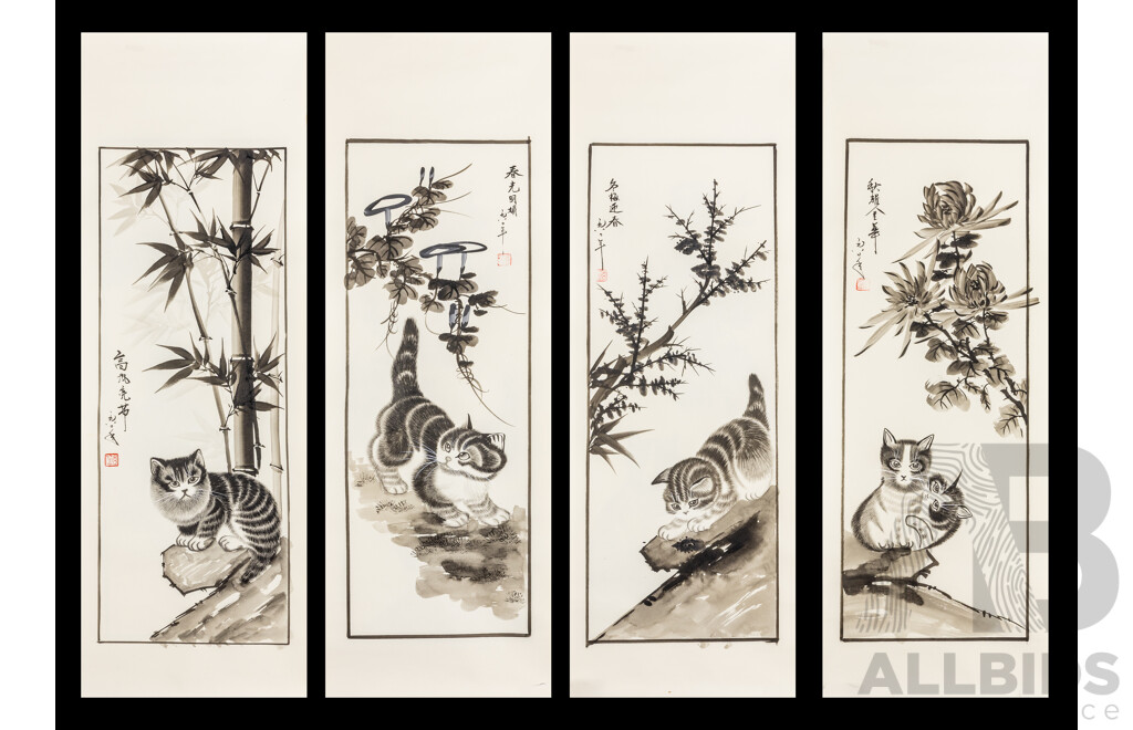 Jiu Shan (20th Century, Chinese), The Four Seasons with Cats [The Four Gentlemen] (1998), Original Set of Four Original Ink & Wash Works on Paper, 78H x 27W cm (4)