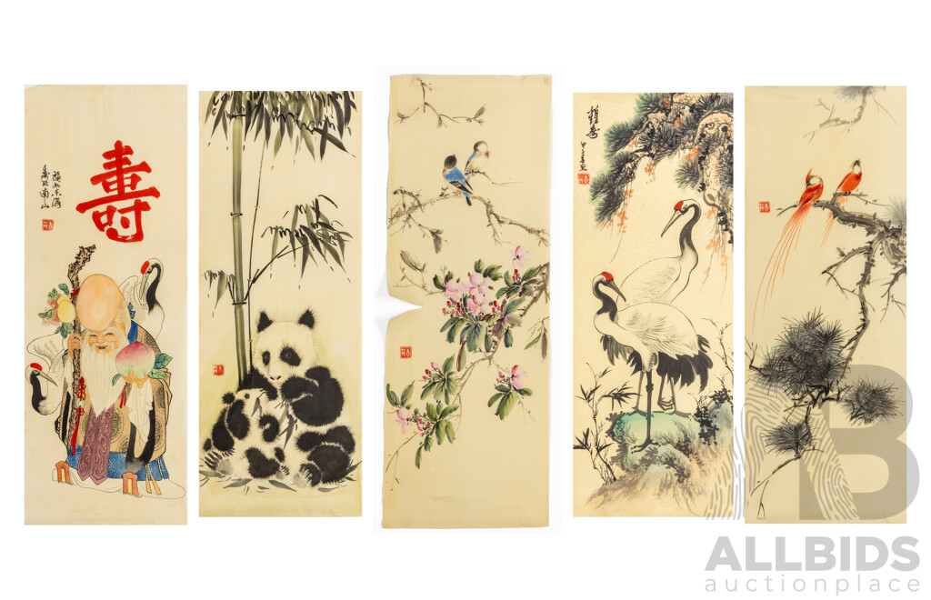 Artist Unknown (20th Century, Chinese School), Traditional Vintage Chinese Siping Four Auspicious Blessings Set & Longevity (1984), Ink & Wash on Silk Panels, 65H x 24W cm (5)