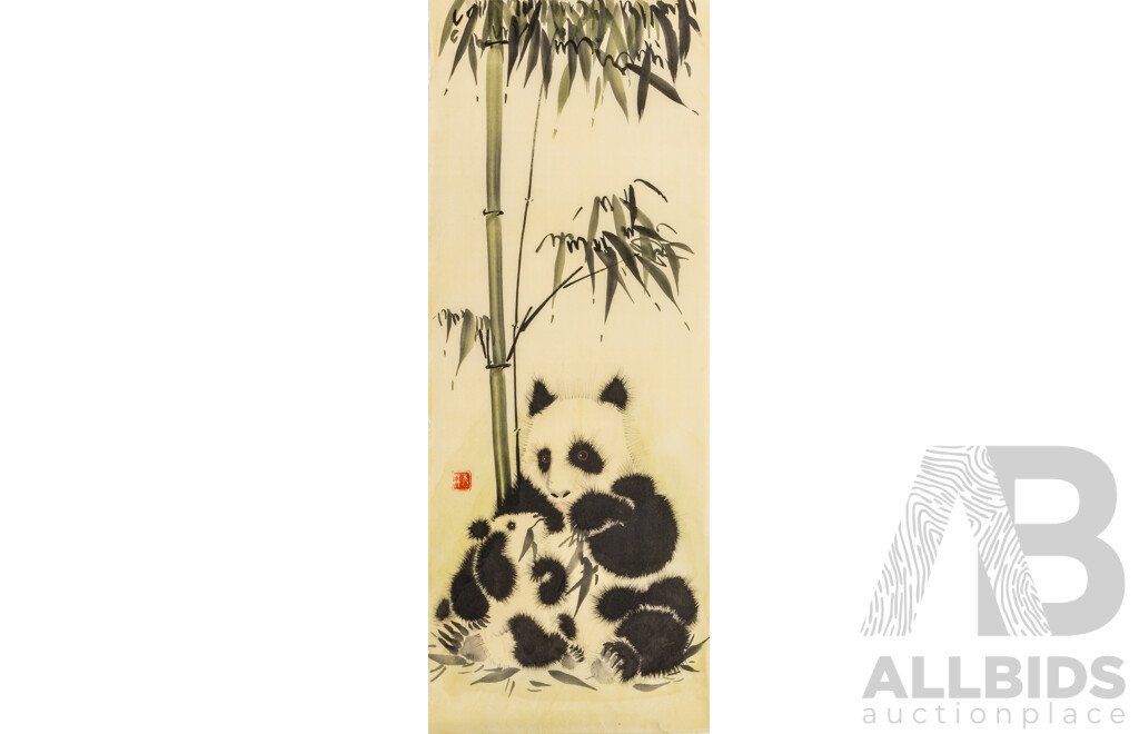 Artist Unknown (20th Century, Chinese School), Traditional Vintage Chinese Siping Four Auspicious Blessings Set & Longevity (1984), Ink & Wash on Silk Panels, 65H x 24W cm (5)