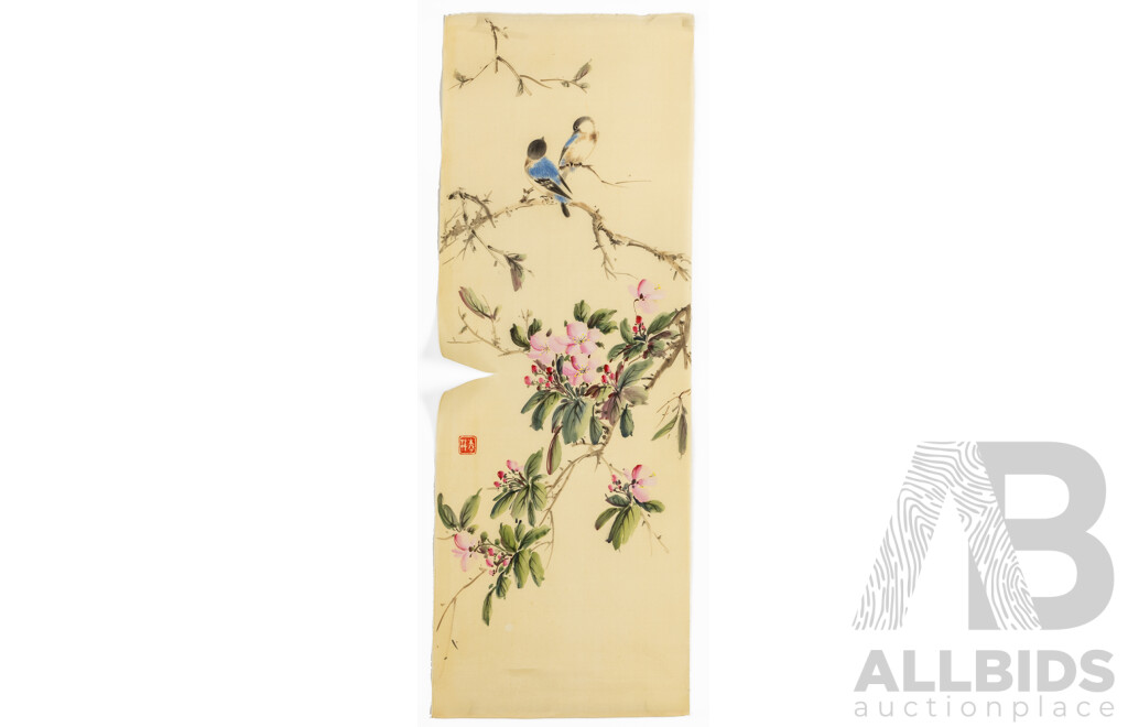 Artist Unknown (20th Century, Chinese School), Traditional Vintage Chinese Siping Four Auspicious Blessings Set & Longevity (1984), Ink & Wash on Silk Panels, 65H x 24W cm (5)