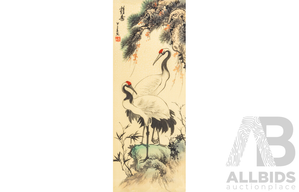 Artist Unknown (20th Century, Chinese School), Traditional Vintage Chinese Siping Four Auspicious Blessings Set & Longevity (1984), Ink & Wash on Silk Panels, 65H x 24W cm (5)