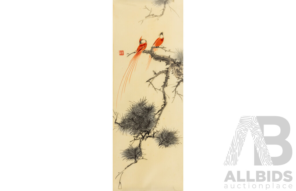 Artist Unknown (20th Century, Chinese School), Traditional Vintage Chinese Siping Four Auspicious Blessings Set & Longevity (1984), Ink & Wash on Silk Panels, 65H x 24W cm (5)
