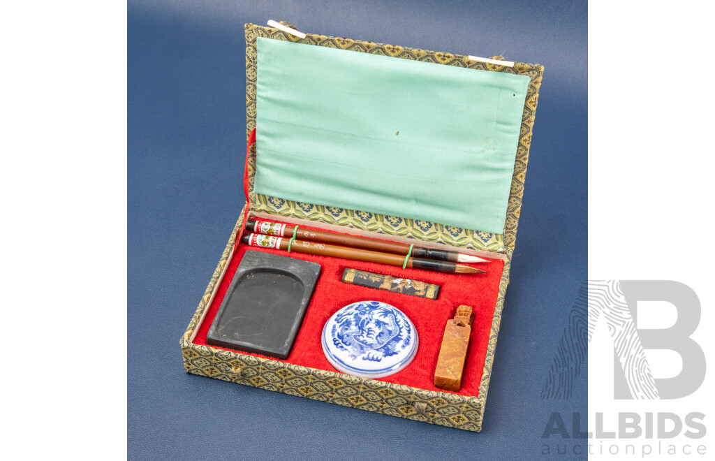 Vintage 'Four Treasures of the Study' Chinese Calligraphy and Seal Carving Set in Original Box, 18L x 13W x 3D cm (box)
