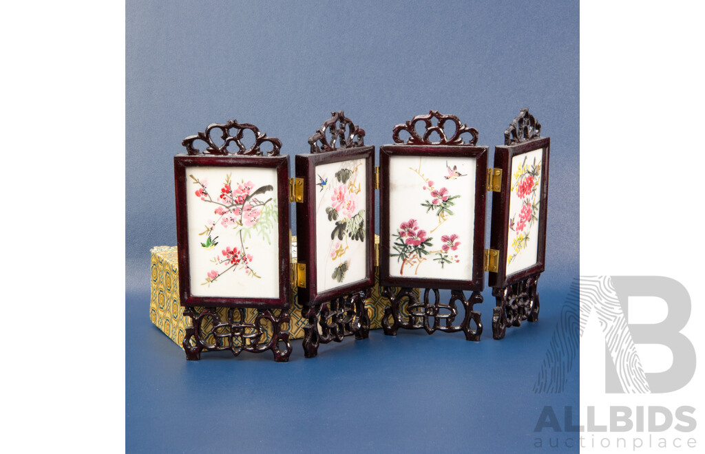 Artists Unknown (20th Century, Chinese), Four Great Beauties & Flowers of Four Seasons (c1970s), Original Handpainted Coloured Enamel & Pigment on Chinese Marble Panels Miniature Folding Screen, 29L x 14W cm (laid Flat)