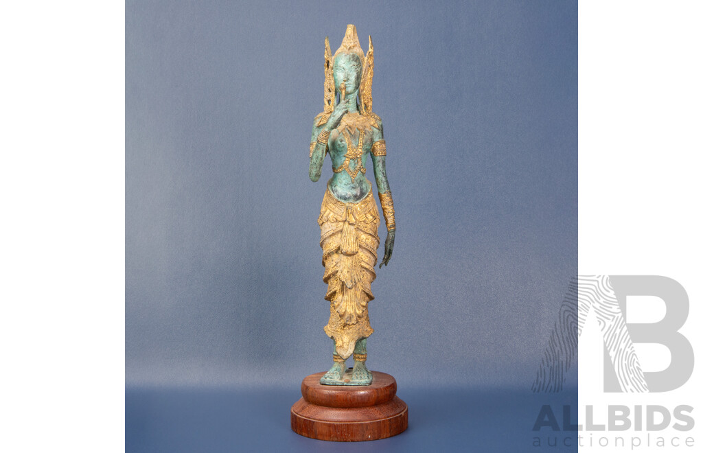 Vintage Metal Thai Dancer Statue on Timber Base
