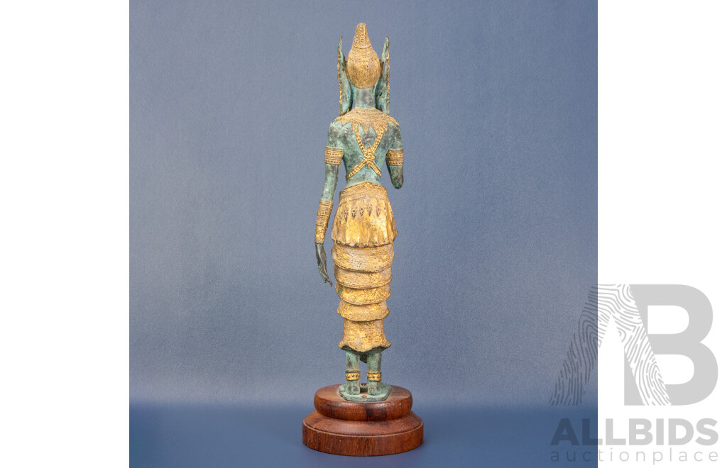 Vintage Metal Thai Dancer Statue on Timber Base
