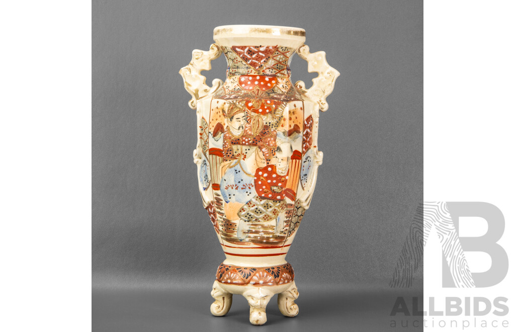 Vintage Octagonal Japanese Satsuma Style Vase with Hand Painted Raised Moriage Design