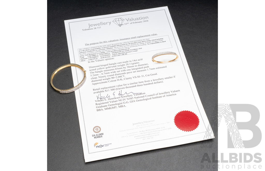 14ct Yellow Gold Diamond Hinged Bangle with Valuation  - 20.11gms