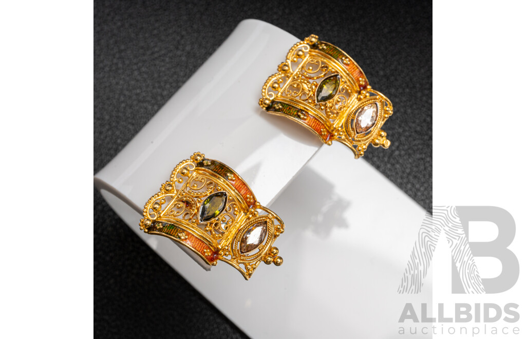 17ct Yellow Gold Earrings with Green & White Stones, with Valuation - 7.62gms
