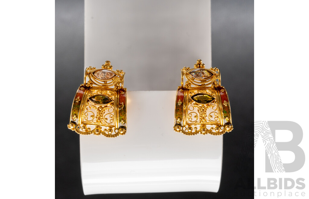 17ct Yellow Gold Earrings with Green & White Stones, with Valuation - 7.62gms