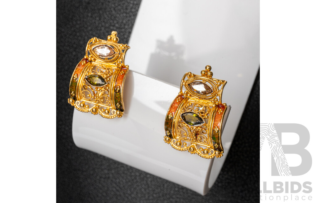 17ct Yellow Gold Earrings with Green & White Stones, with Valuation - 7.62gms