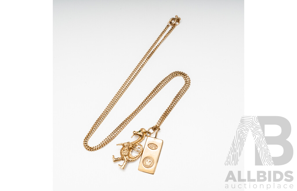 9ct Yellow Gold Curb Necklace & (2) Pendants - 8.58gms