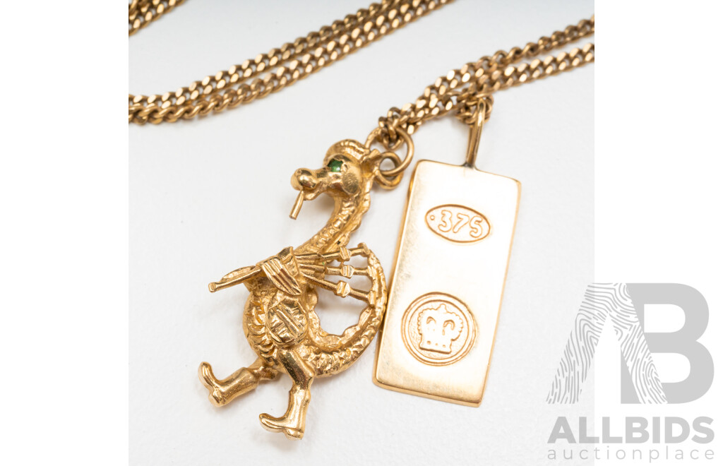 9ct Yellow Gold Curb Necklace & (2) Pendants - 8.58gms