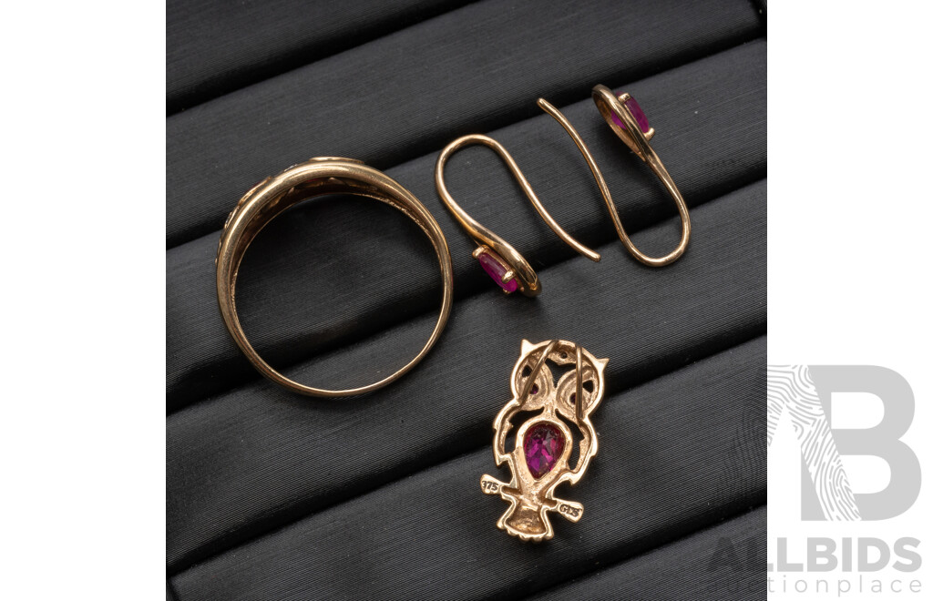 9ct Yellow Gold Ruby & Diamond Ring, Earrings & Pendant Set - 5.23gms