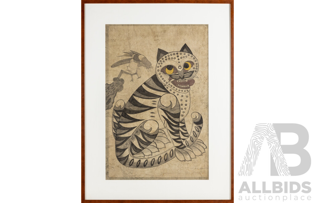 Artist Unknown (20th Century, Asian School), Tiger and Magpie [KKachi Horangi or Hojak-do), Wonderful Original Vintage Ink & Wash on Rice Paper, 72W x 96H cm (frame)